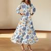 Women's Fashion V-Neck Floating Beach Dresses Seven Sleeve Floral Printed Dresses