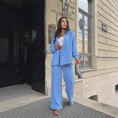 European & American Style Solid Color Lapel Long Sleeve Shirt with Casual Pants Two-Piece Set for Autumn 2025