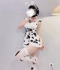 Lady Lazy Sexy Dairy Cow Maid Cosplay Costume, Perfect for Photoshoots, Mini Dress, White and Black Cow Print, Includes Knee-High Socks