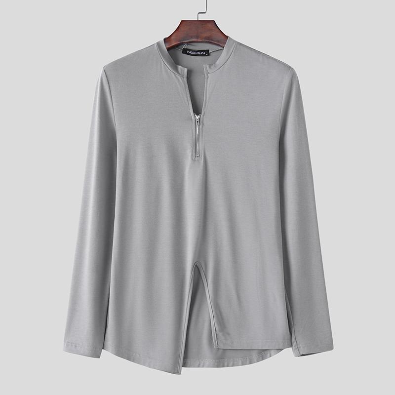 

INCERUN Men s Zipper Neck Long Sleeve Splits Irregular T-shirts Tops 5XL серый