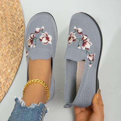 Slip-on Embroidered Printed Women's Shoes Women's Flying Mesh Shoes Flat Comfortable Single-layer Shoes Fashionable Casual Moms Shoes, Women Shoes