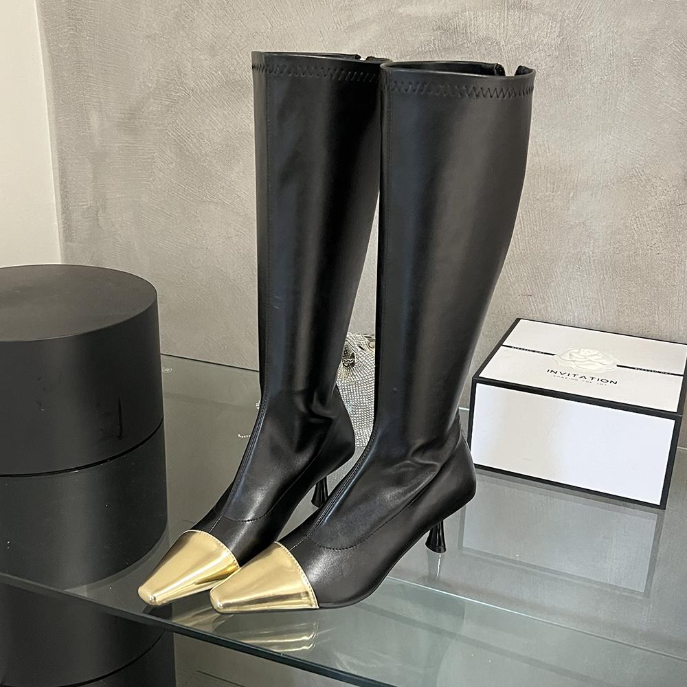 fashion Fashion Women Knee High Boots Pointed Toe Sock Booties Thin High Heels Black White Mixed Color Knee Sock Botas Stretch Shoes 39