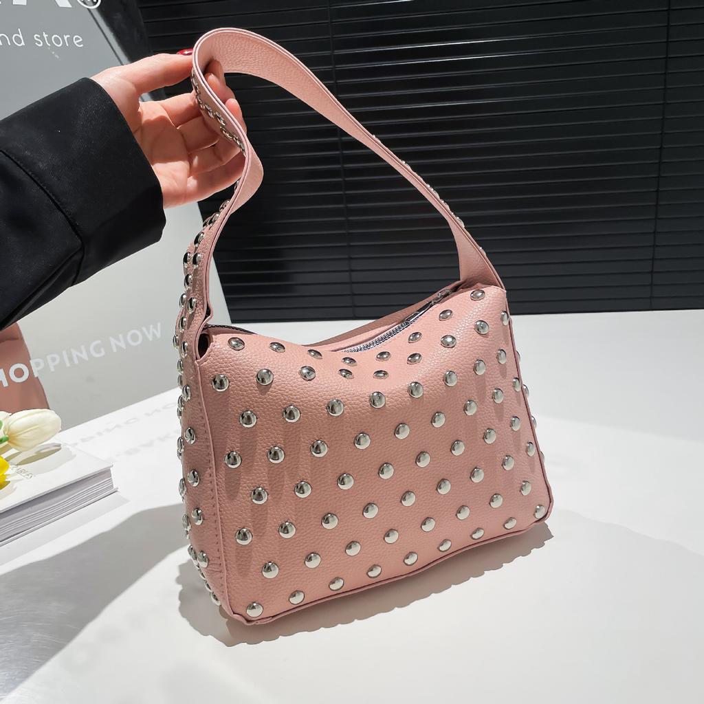 Vintage PU Leather Shoulder Underarm Bag For Women Shiny Rivet Daily Use Handbag Simple Casual Shopping Tote Small square bags