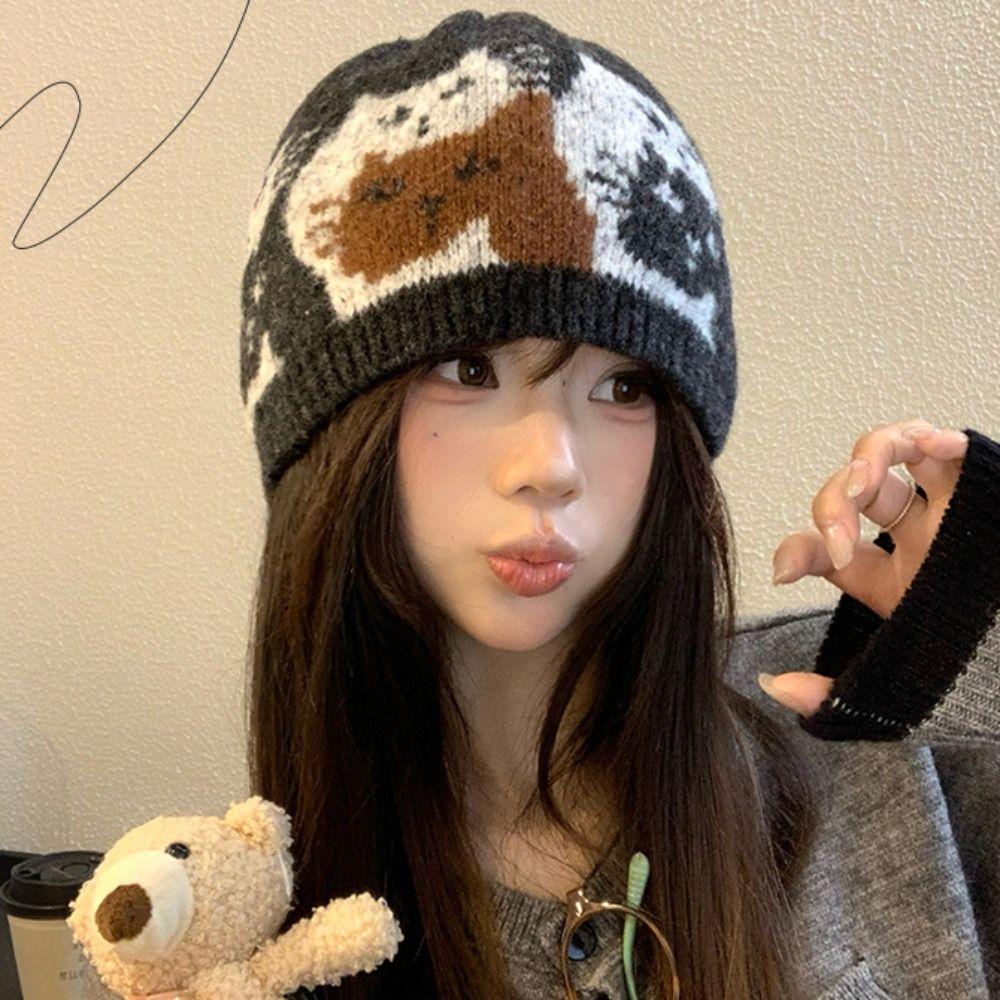 Printed Jacquard Pattern Beanies Warm Printing Knit Cap Casual Jacquard Cat Knitted Hat  Autumn