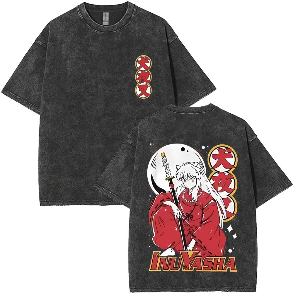T-shirt Vintage Lavata Anime Inuyasha Sesshomaru Merch Uomo Donna Casual Oversize T-shirt Uomo Divertenti Cartoni Animati Harajuku T-shirt