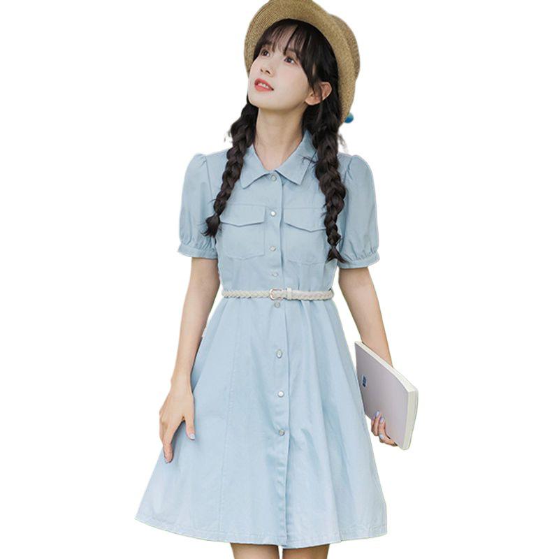 Fresh Short-Sleeved Women's Summer Shirt Dress, Japanese-Inspired Gentle Style with Waist-Cinched Skirt.