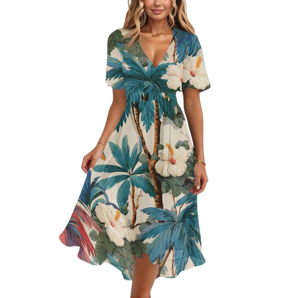 Women V Neck Short Sleeve Casual Dress Hawaiian Print Midi Length Summer Beach Dress with Flowing Skirt