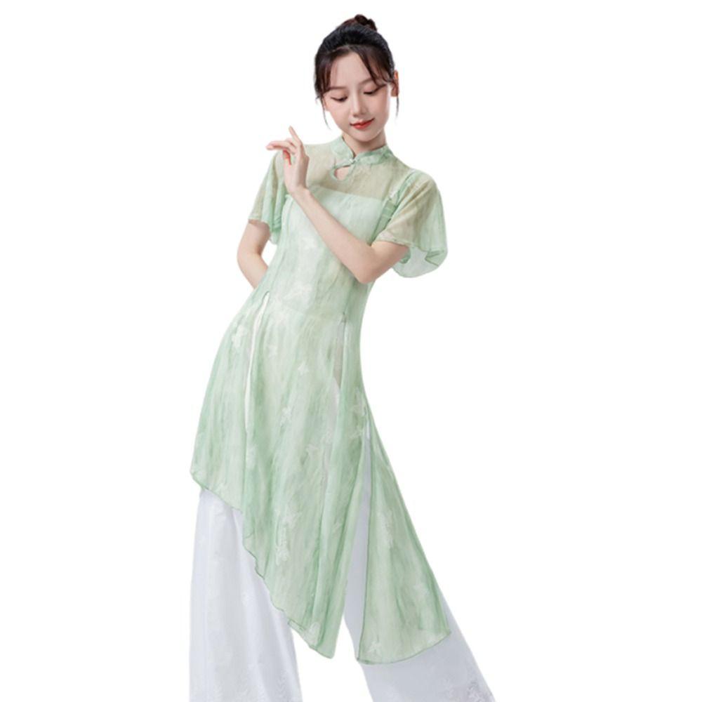 Butterfly Classical Dance Top Cheongsam Neck Dance Mesh Top Fashion Gauze Mesh Shirt  Women