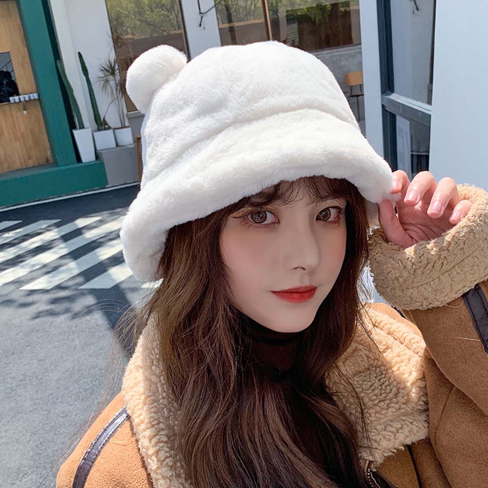 Thick Girls Bear Ears Leopard Autumn Winter Korean Fisherman Hat Basin Hat Plush Bucket Hats