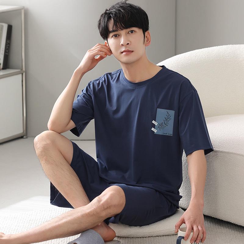 Men's pajamas summer modal cotton short-sleeved trousers three-piece set thin large size solid color half-sleeved loungewear set