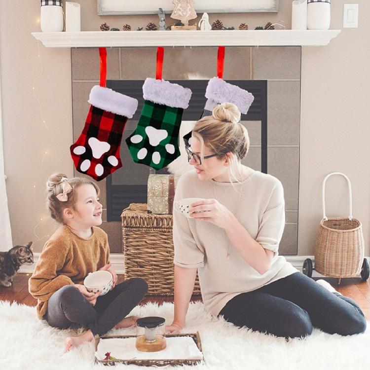 Christmas Cute for Cat Paw Plaid Tree Stocking Family Gather Party Decor