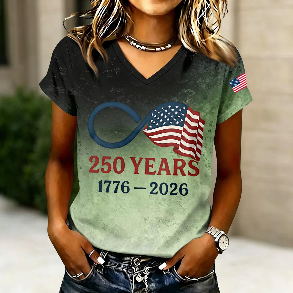 Women's Casual V Neck Short Sleeve T Shirt with Letter Print 250 Years 1776-2026 American Flag Graphic Top Summer Tee
