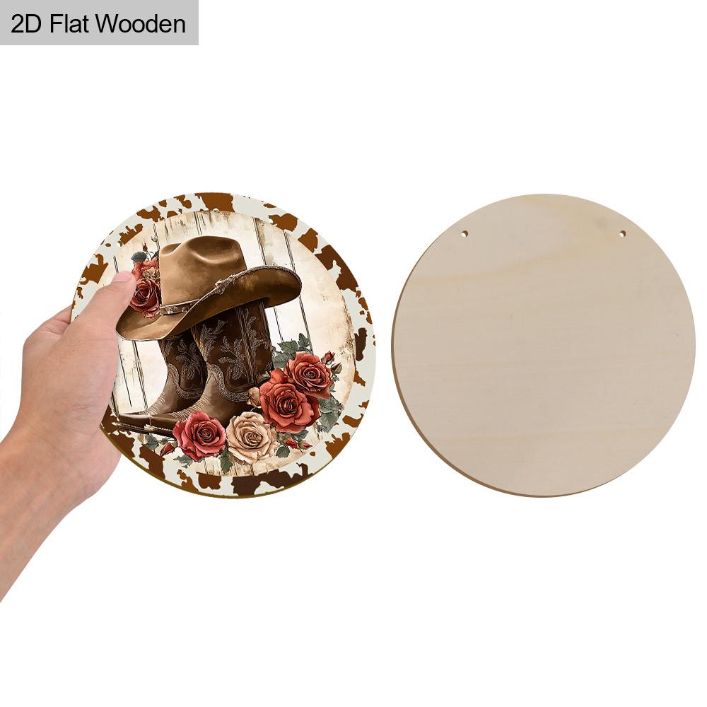 Cowboy Style Wooden Sign with Boots & Flowers Pattern - Retro Round Sign for Front Door, Wall Decor - Ideal Hanging Plaque Party Decoration