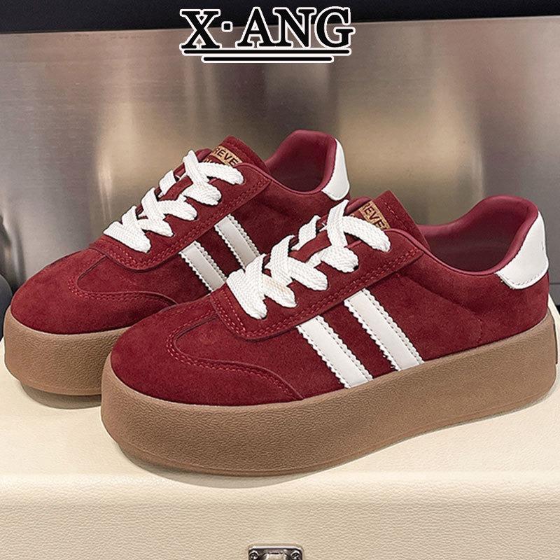 Leather red women's new autumn shoes women's thick baseplate shoes versatile casual sports shoes