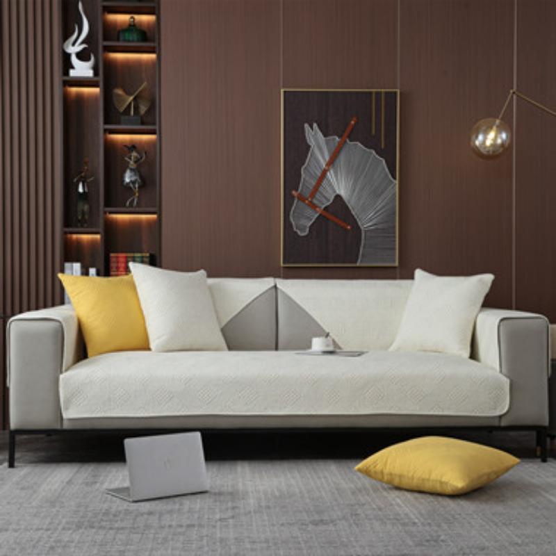 Four Seasons Washed Cotton Quilted Plaid Sofa Cushion Modern Simple Solid Color Fabric Anti-Slip Sofa Cushion Cover