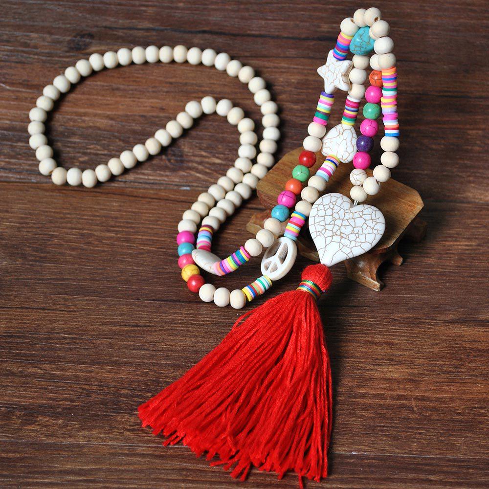 Bohemian Accessories Tassel Sweater Chain Necklace Women's String Wood Bead Long Necklace Jewelry