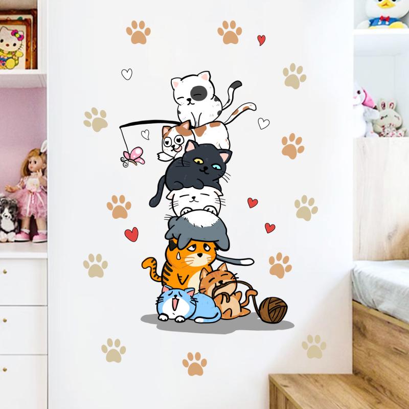 1Pc Cute Cats And Cat Paw Prints Stacked Together Wall Stickers For Kids Room Bedroom Wall Decals Home Decor