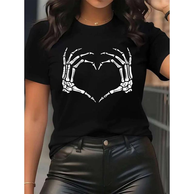 European sizes Soft Lightweight Black & White Skeleton heart print T-Shirt - Round Neck Short Sleeve Casual & party Wear