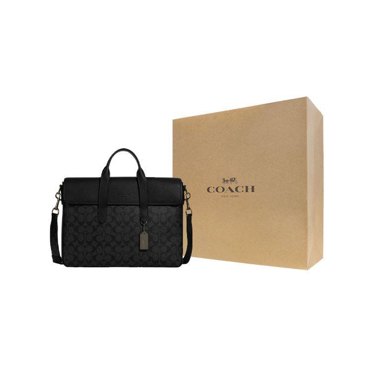 Coach Sullivan 39 Magnetic Flap Large Capacity Leather Briefcase Men Bags Black C9873-QBMI5