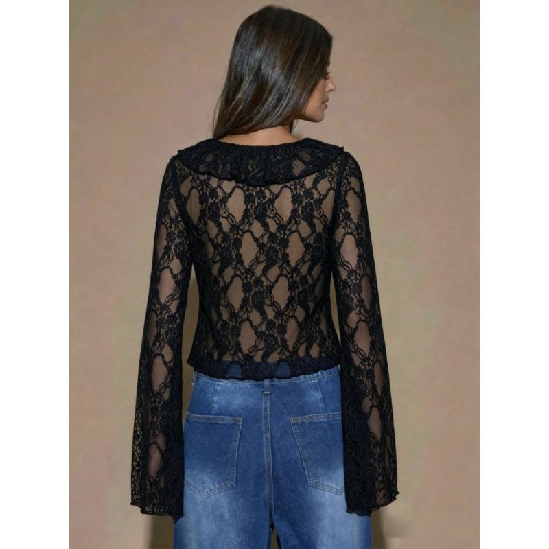 Women S Lace Long Sleeve V Neck Tie Front Split Top
