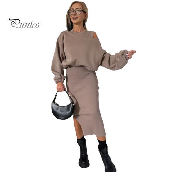 

2 шт./комплект, женское платье-свитшот, круглый вырез, длинный рукав «летучая мышь», свободный топ, облегающее платье миди с разрезом, повседневный наряд для поездок на работу, плотный, осень-зима L кофейный