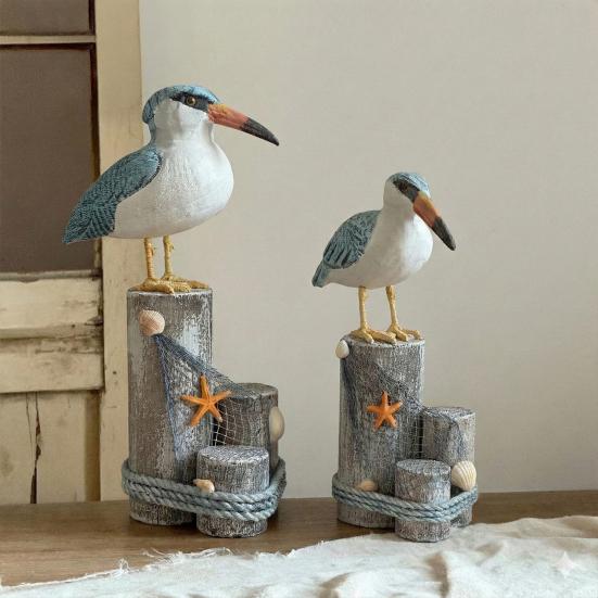 Wooden Seabird Ornaments Ocean Theme Decorative Figurine with Starfish And Hemp Rope Decor Desktop Accent for Home