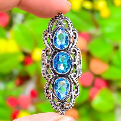 Natural Blue Topaz Gemstone Handmade 925 Sterling Silver Ring Size 7 l2K58