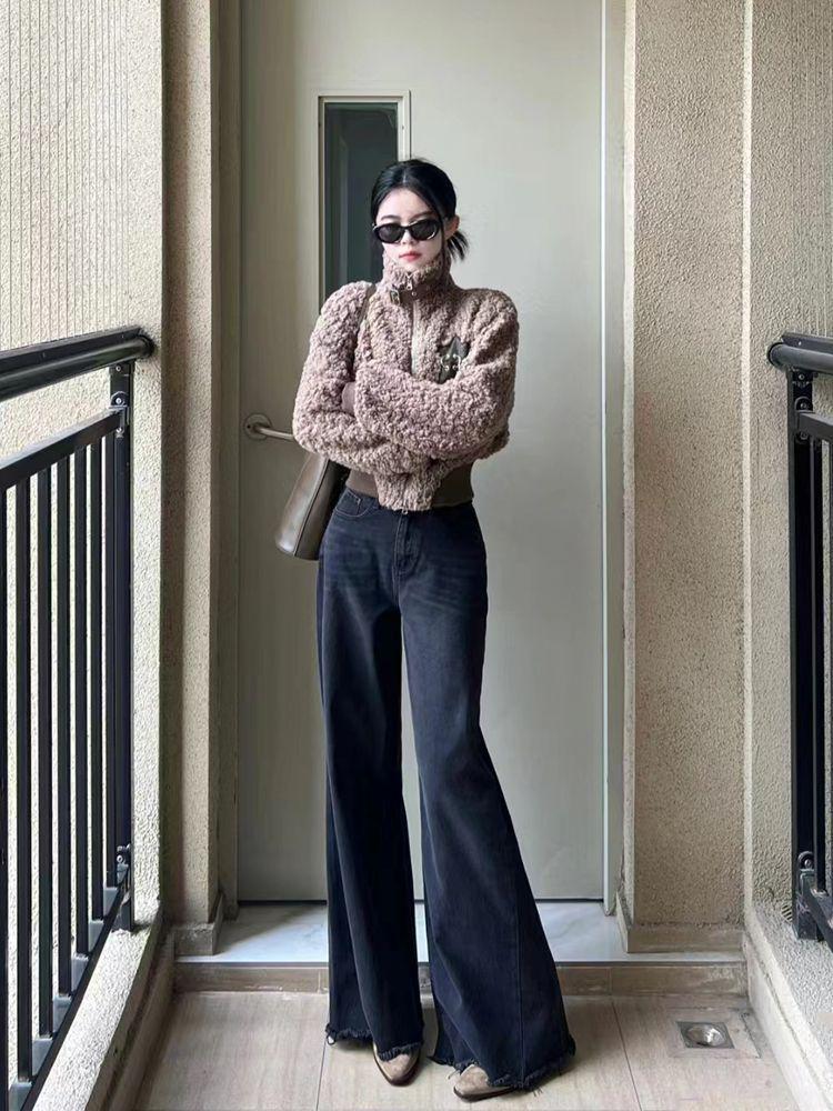 Women's Wide-Leg Frayed Edge Jeans: Autumn/Winter Floor-Length, Slimming Straight-Leg Design