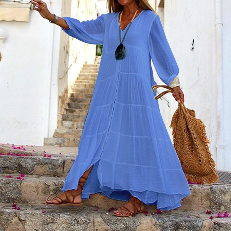 Women Solid Color V Neck Loose Long Sleeve Bohemian Midi Dress