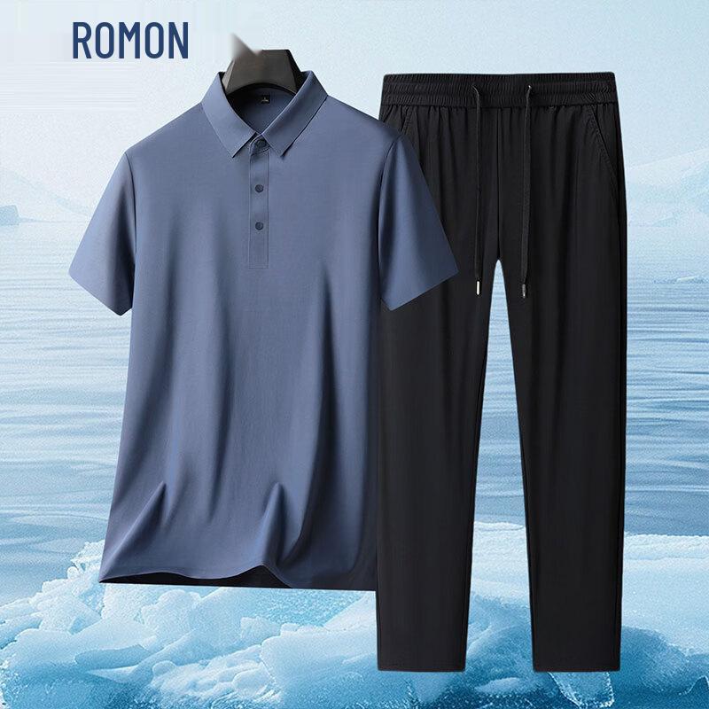 

ROMON Men s Ice Silk Quick-Dry Sun Protection Polo T-Shirt & Shorts Set XL