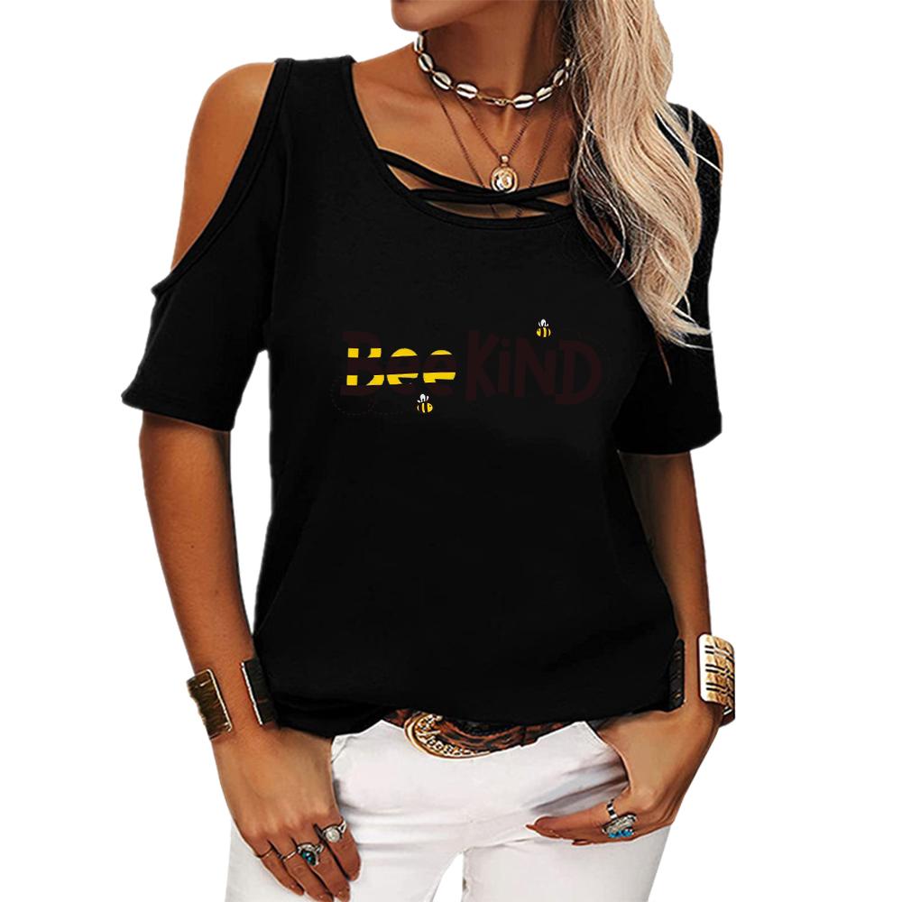 Women Fashion Print Tee Shirt Summer Off Shoulder Short Sleeve Top Ladies Casual Round Neck T-shirt