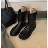 Grape Mother Same Versatile Round Head Metal Buckle Retro Low Heel Western Short Boots Women's Autumn and Winter Leather Thin Boots