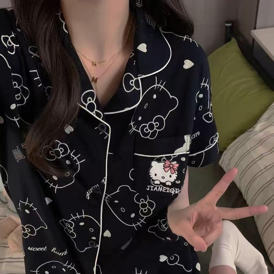

Simple black Kitty cat pajamas women s summer new short-sleeved shorts set, beautiful girls can wear loungewear outside s [recommended weight 35-40kg]