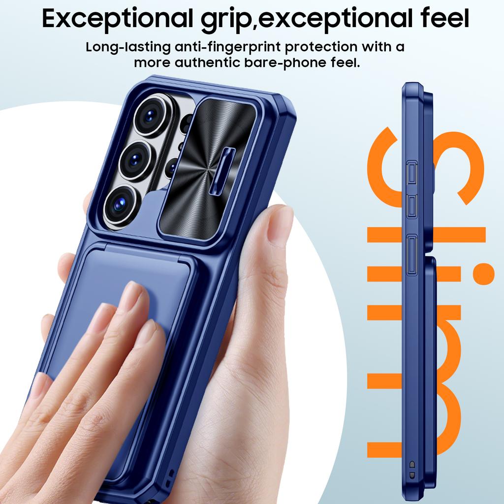 Mit Kartenhalter, Schiebefach für die Kamera und Ständer für Samsung Galaxy S26 Ultra Handyhülle, Anti-Fall PC+TPU Wallet Hülle - Blau