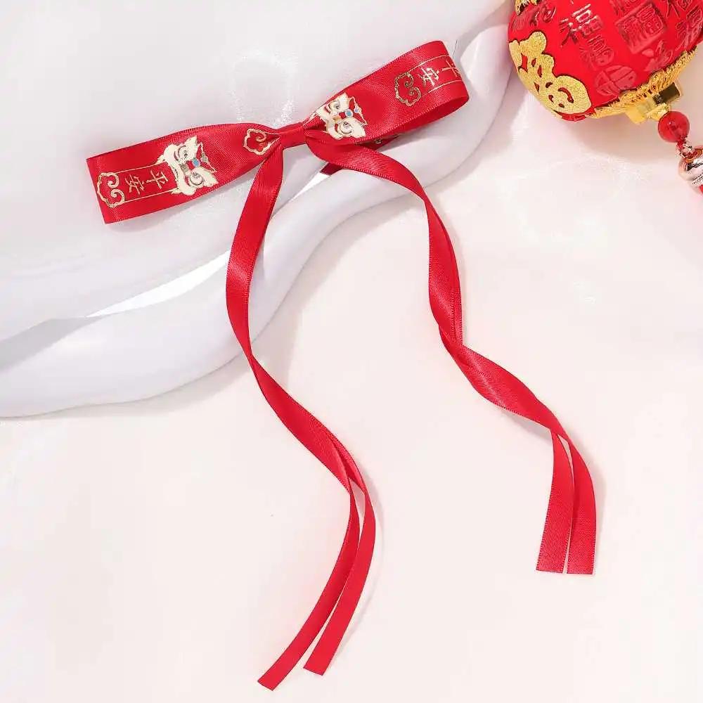 New Hair Clips Chinese Red Retro Ribbon Long Bow Hairpin Children's Hairstyle Styling Headwear New Year Gift Hair Accessories