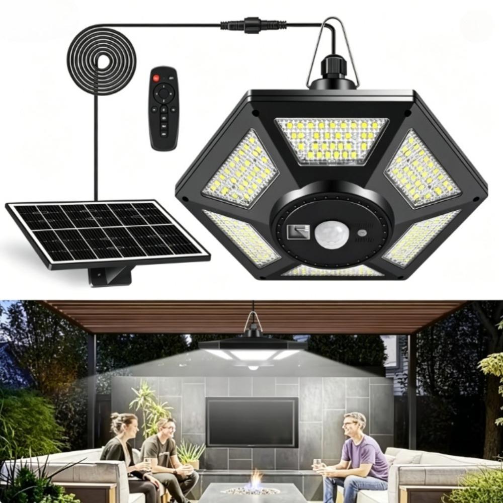 Lampe solaire suspendue pour abri de jardin, intérieur/extérieur, 180 LED, 1000 lm, avec télécommande, idéale pour grange, tonnelle ou garage.