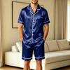 Men's Short Sleeve Pajama Set with Chest Pocket and Two Pocket Shorts for Casual Sleepwear