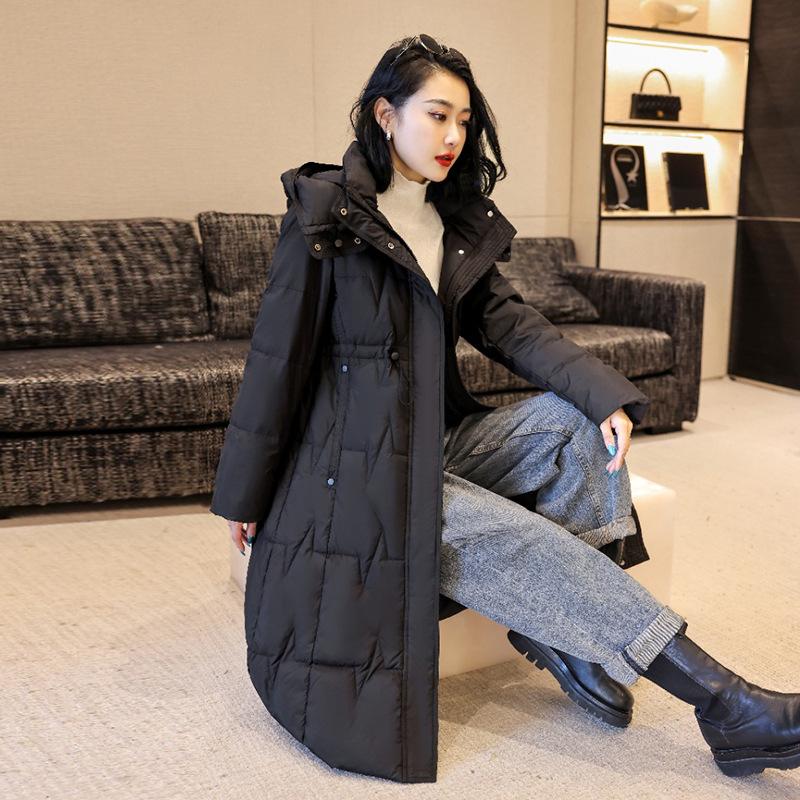 

Waist long down jacket women s 2025 winter fashion hooded light luxury warm knee white duck down thin coat tide XXL чорний