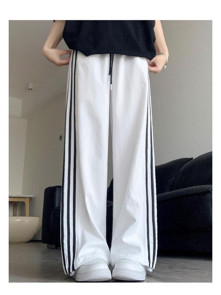 Women's High-Waist White Quick-Dry Wide-Leg Pants - Ice Silk, Anti-Mosquito, UV Protection, Summer Drape with Side Stripes