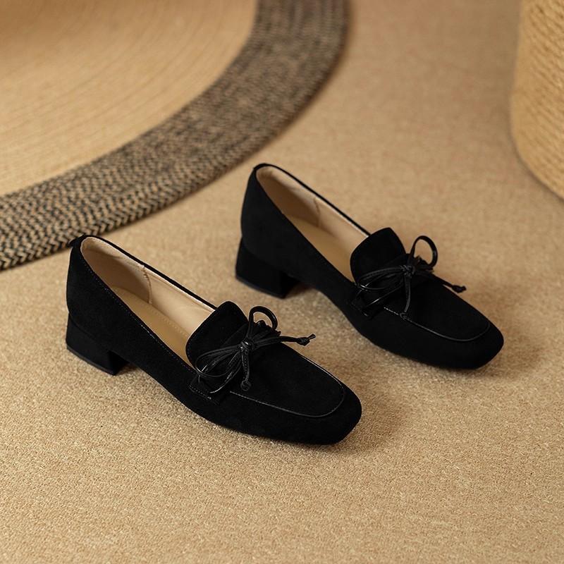 2025 Autumn and Winter New Retro Bow Matte Leather Thick Heel Single Shoes Women's Plush Fluffy Shoes One Pedal Loafers