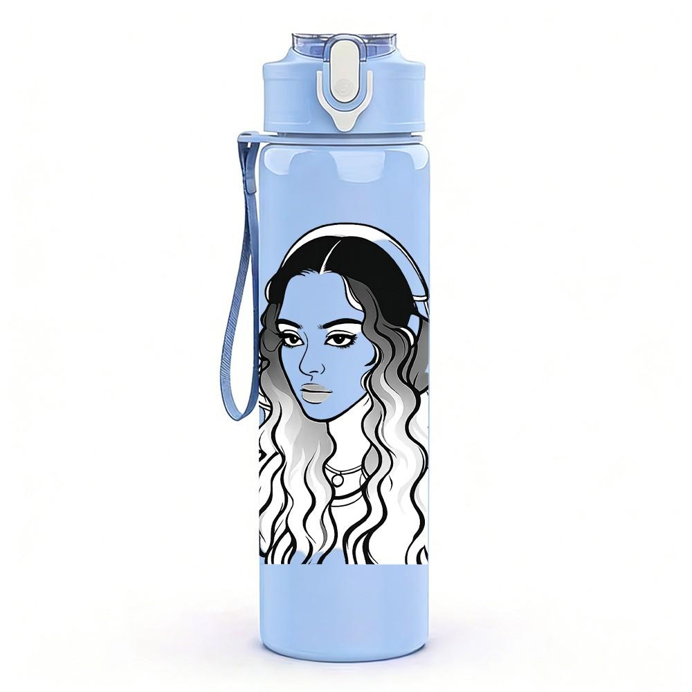 1PC Sketch Curly Hair Lady 750ml Color Plastic Sports Water Bottle Leakproof Flip Straw Lid Suitable for Sports Office Home Use
