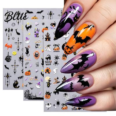 5D Embossed Nail Decals Halloween Art Stickers Skull Pumpkin Ghost Spooky Stickers Decals Waterproof Self Adhesive Manicure Decoration Decorative
