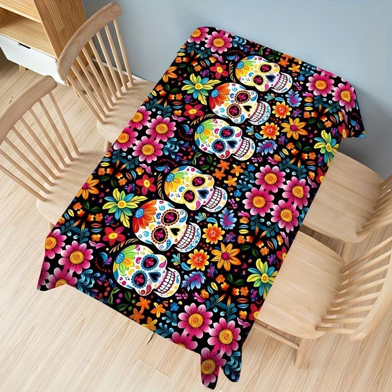 Mexican Day of The Dead Skull Flower Waterproof Tablecloth Table Decor Reusable Kitchen Dining Tablecloth Holiday Party Decor