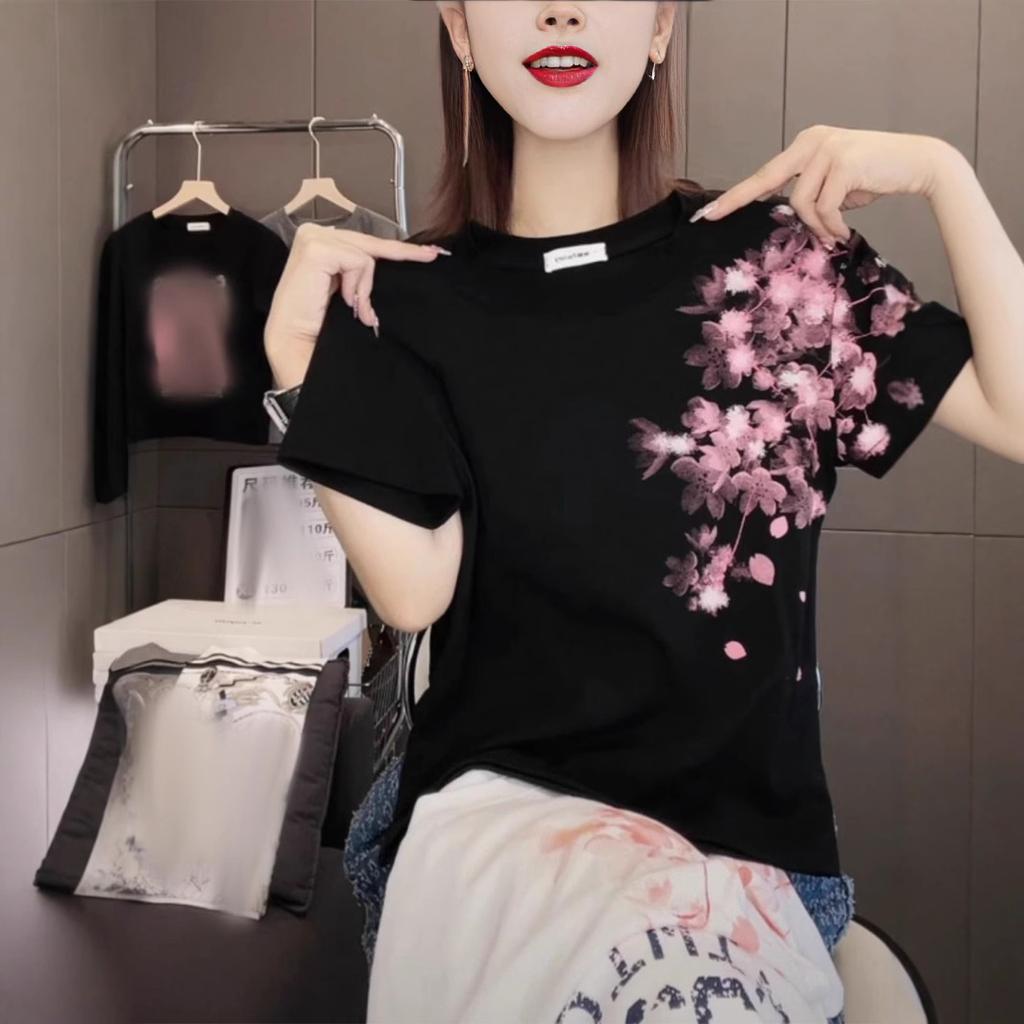 Large size foreign style printing round neck short-sleeved T-shirt women's summer slightly fat MM slim and thin fashion casual versatile top