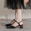 Baotou Back Empty Thick Heel Sandals Women's 2025 Summer New T-band Fashion Square Head Color Matching Mary Jane High Heels