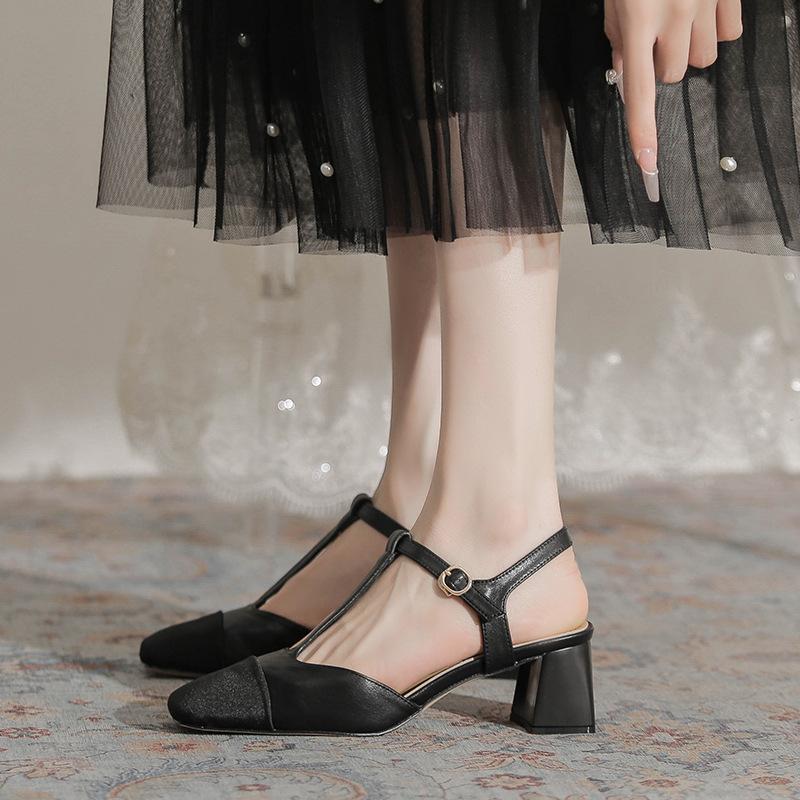 Baotou Back Empty Thick Heel Sandals Women's 2025 Summer New T-band Fashion Square Head Color Matching Mary Jane High Heels