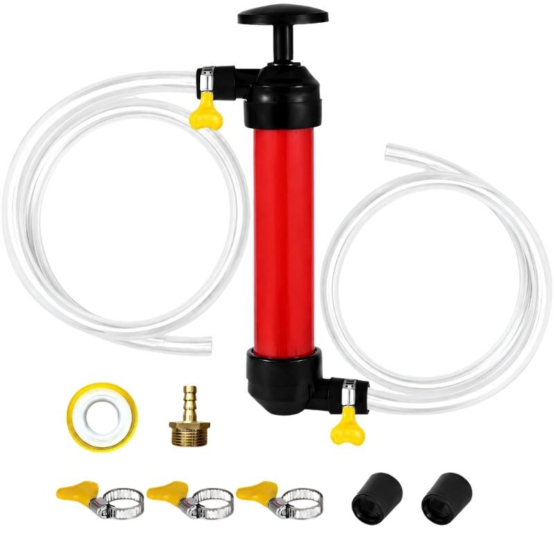 Manual Vehicle Tank Transfer Pump with Threaded Hose Fitting, Adjustable Clamps and Thread Seal Tape for Equipment Maintenance Tasks