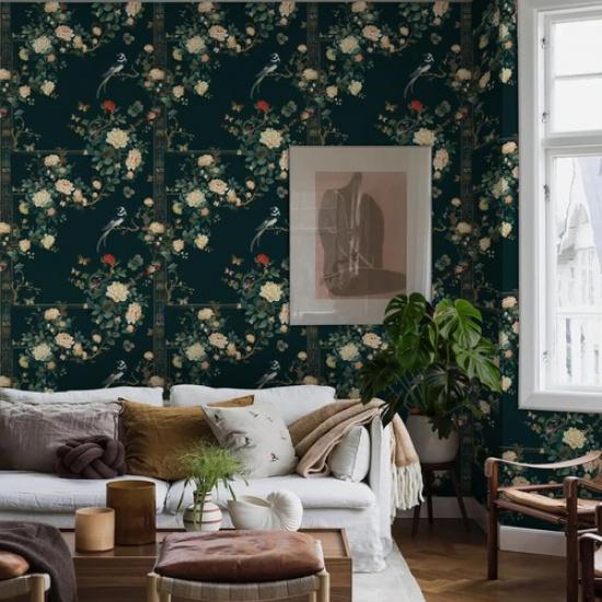 Dark Green Peel and Stick Wallpaper Vintage Floral Contact Paper 17in×118.1i
