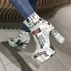 Womens Short Boots Graffiti Print Square Heel Thick Side Zip Ankle Size 34-43