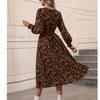 Cross-Border Spring & Fall New round Neck Leopard Print Print Shoelace Tight Waist A- line Lantern Long Sleeve Mid Length Long Length Dress Dress
